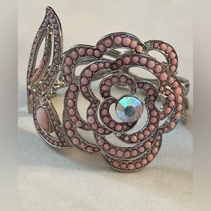 Scottish Rose Pink Acrylic Stone Silver Tone Floral Boho Clamper Bracelet